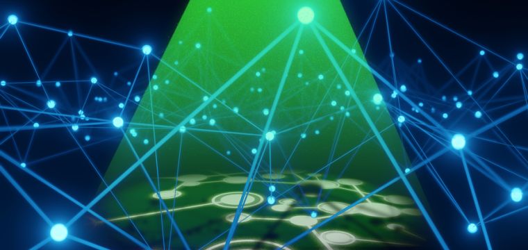 A blue neural network is in a dark void. A green spotlight shines down on the network and reveals a hidden layer underneath. The green light shows a new, white neural network below.