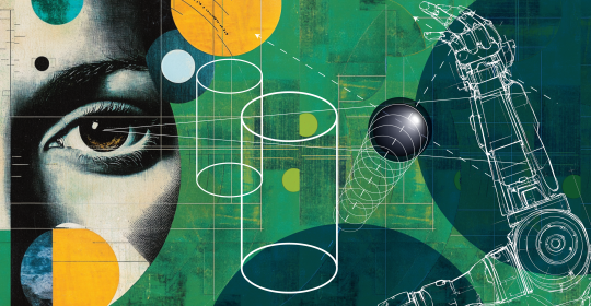 collage of a face, robot arm, and geometric forms