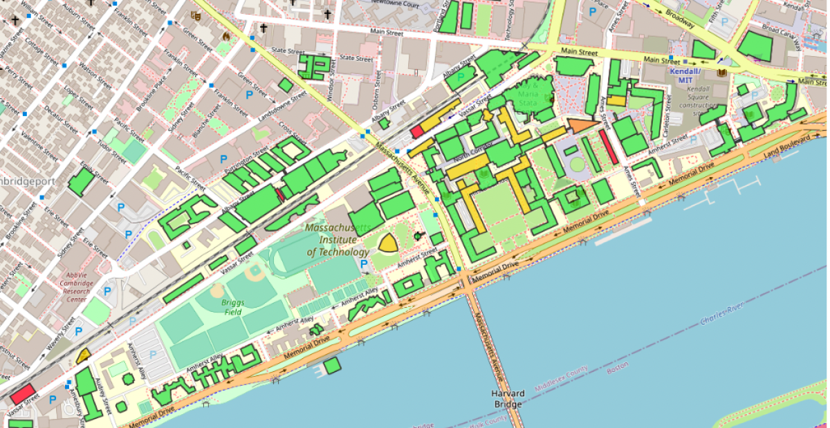 map of the MIT campus, with different buildings color-coded to show occupancy