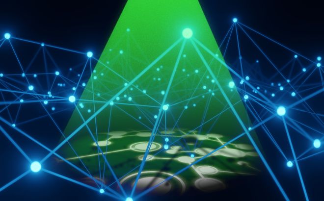 A blue neural network is in a dark void. A green spotlight shines down on the network and reveals a hidden layer underneath. The green light shows a new, white neural network below.